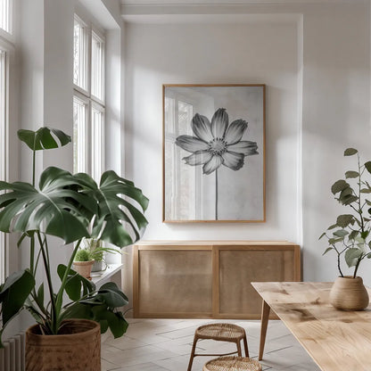 Wonderful Wildflowers IV Neutral by Deborah Revell. shown as a print in a natural wood frame in a dining room. Available as a archival giclee rolled canvas, fine art paper, or poster print. SKU 93948h.