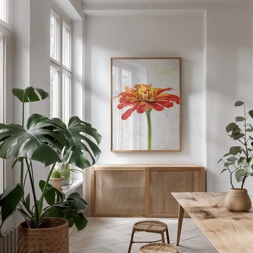 Wonderful Wildflowers IX by Deborah Revell. shown as a print in a natural wood frame in a dining room. Available as a archival giclee rolled canvas, fine art paper, or poster print. SKU 93936h.