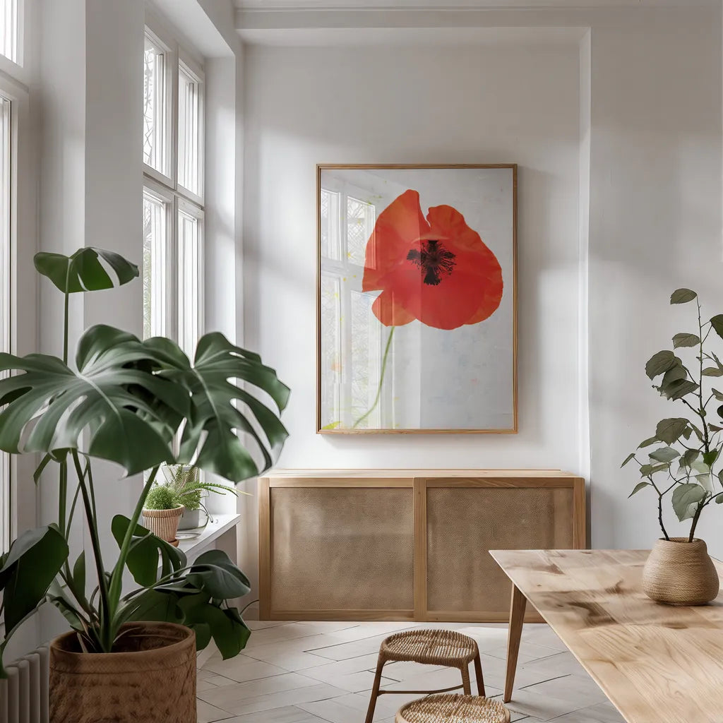 Wonderful Wildflowers VII by Deborah Revell. shown as a print in a natural wood frame in a dining room. Available as a archival giclee rolled canvas, fine art paper, or poster print. SKU 93934h.