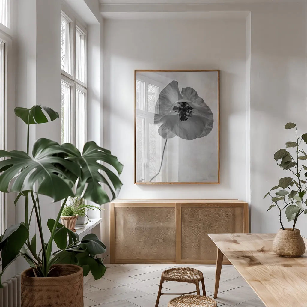 Wonderful Wildflowers VII Neutral by Deborah Revell. shown as a print in a natural wood frame in a dining room. Available as a archival giclee rolled canvas, fine art paper, or poster print. SKU 93951h.