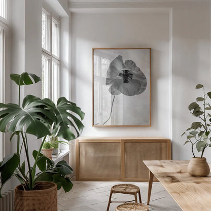 Wonderful Wildflowers VII Neutral by Deborah Revell. shown as a print in a natural wood frame in a dining room. Available as a archival giclee rolled canvas, fine art paper, or poster print. SKU 93951h.