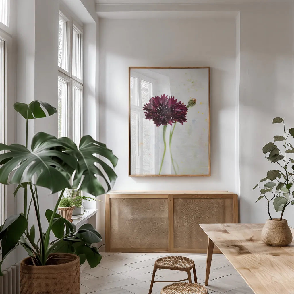 Wonderful Wildflowers VIII by Deborah Revell. shown as a print in a natural wood frame in a dining room. Available as a archival giclee rolled canvas, fine art paper, or poster print. SKU 93935h.