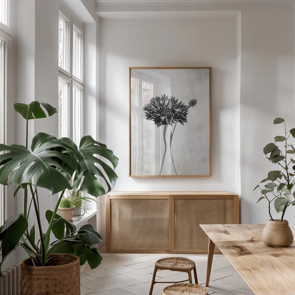 Wonderful Wildflowers VIII Neutral by Deborah Revell. shown as a print in a natural wood frame in a dining room. Available as a archival giclee rolled canvas, fine art paper, or poster print. SKU 93952h.