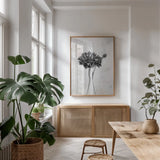 Wonderful Wildflowers VIII Neutral by Deborah Revell. shown as a print in a natural wood frame in a dining room. Available as a archival giclee rolled canvas, fine art paper, or poster print. SKU 93952h.