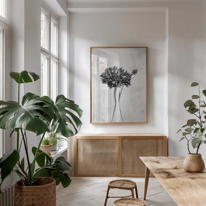 Wonderful Wildflowers VIII Neutral by Deborah Revell. shown as a print in a natural wood frame in a dining room. Available as a archival giclee rolled canvas, fine art paper, or poster print. SKU 93952h.