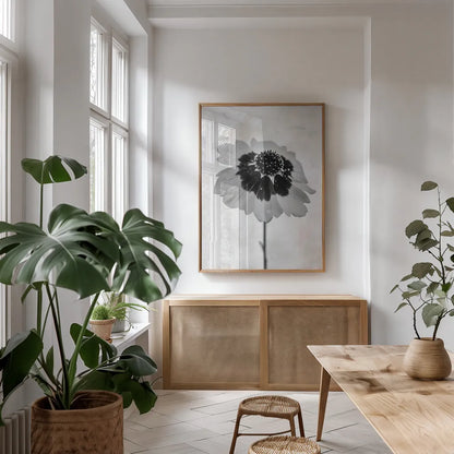 Wonderful Wildflowers XI Neutral by Deborah Revell. shown as a print in a natural wood frame in a dining room. Available as a archival giclee rolled canvas, fine art paper, or poster print. SKU 93955h.