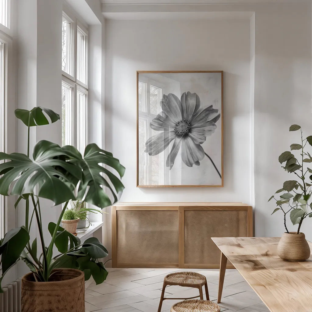 Wonderful Wildflowers XII Neutral by Deborah Revell. shown as a print in a natural wood frame in a dining room. Available as a archival giclee rolled canvas, fine art paper, or poster print. SKU 93956h.
