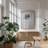Wonderful Wildflowers XIII Neutral by Deborah Revell. shown as a print in a natural wood frame in a dining room. Available as a archival giclee rolled canvas, fine art paper, or poster print. SKU 93957h.