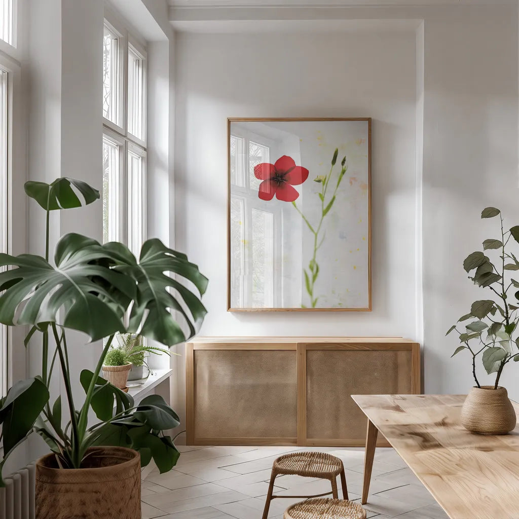 Wonderful Wildflowers XIV by Deborah Revell. shown as a print in a natural wood frame in a dining room. Available as a archival giclee rolled canvas, fine art paper, or poster print. SKU 93941h.