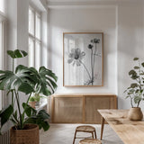 Wonderful Wildflowers XVII Neutral by Deborah Revell. shown as a print in a natural wood frame in a dining room. Available as a archival giclee rolled canvas, fine art paper, or poster print. SKU 93961h.