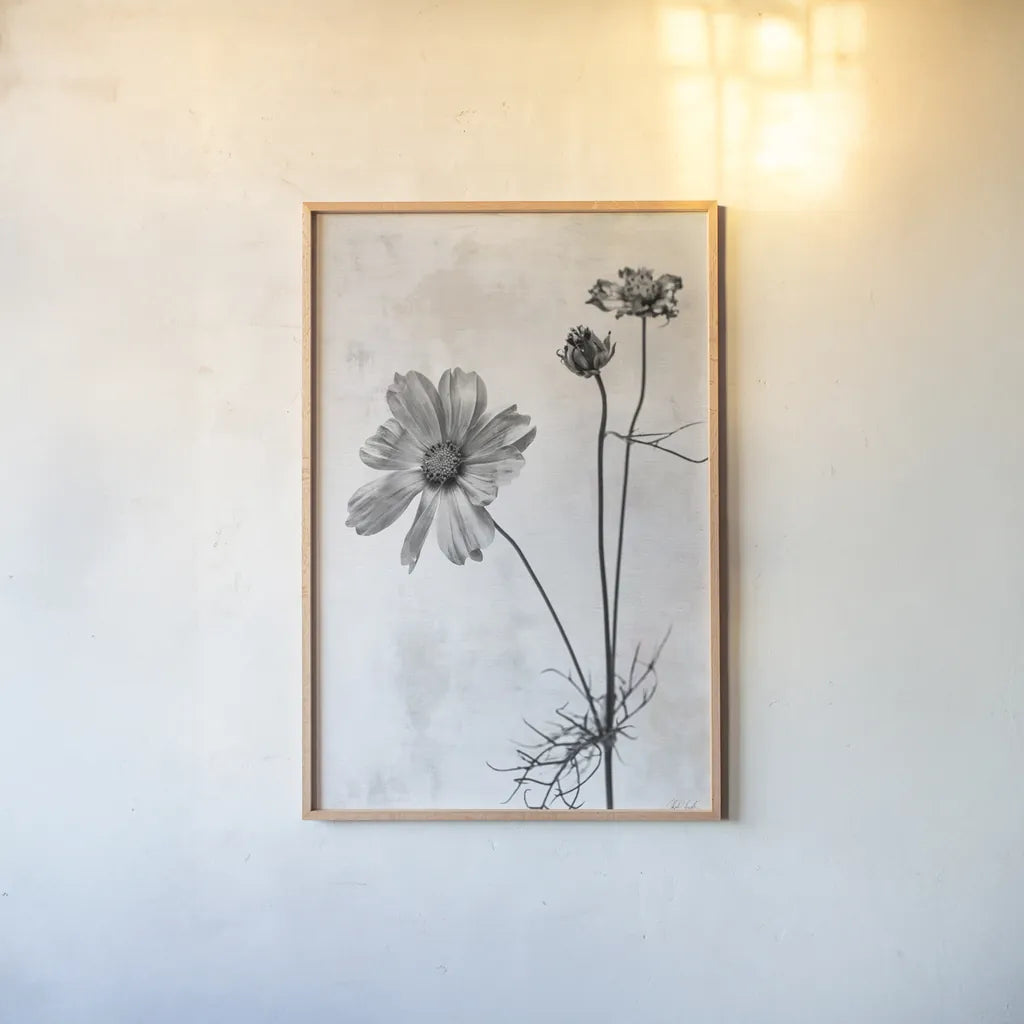 Wonderful Wildflowers XVII Neutral by Deborah Revell. shown as a paper print in a natural frame. Available as a archival giclee rolled canvas, fine art paper, or poster print. SKU 93961h.