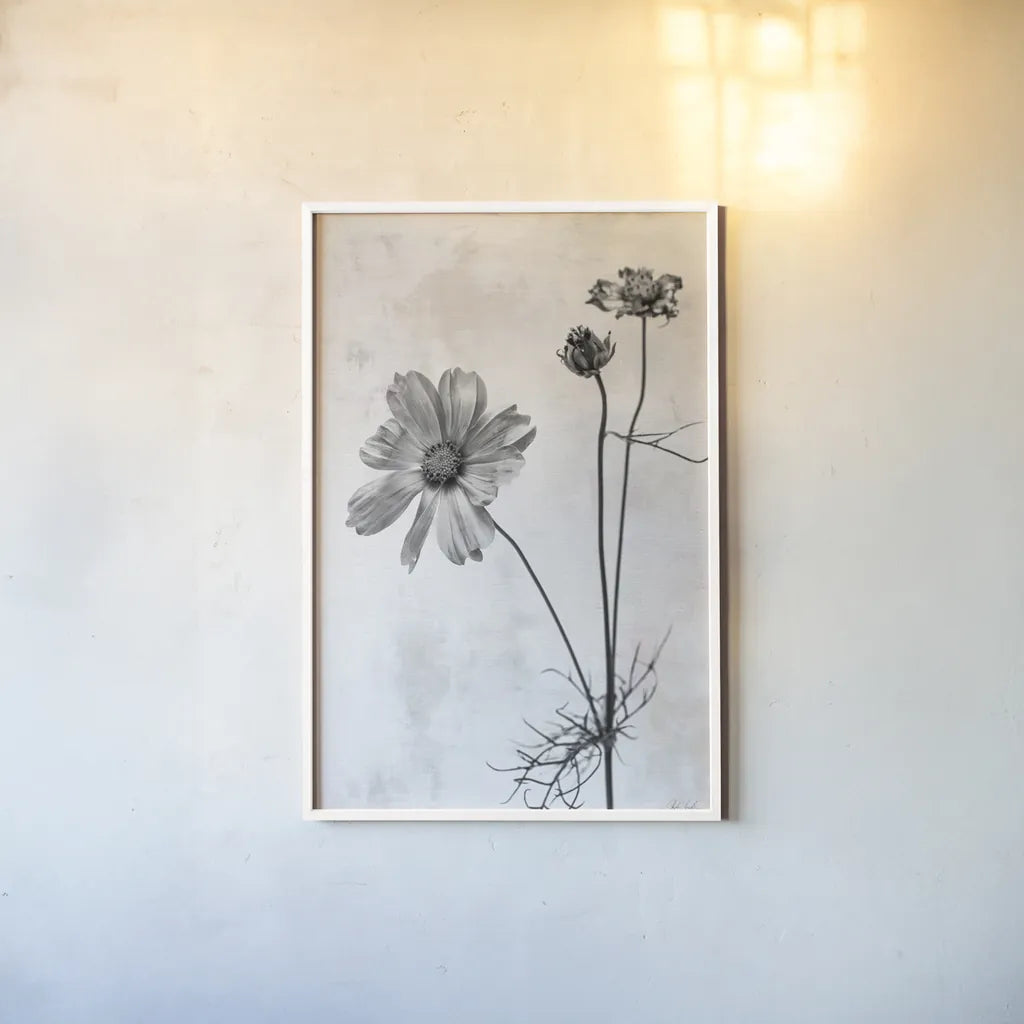 Wonderful Wildflowers XVII Neutral by Deborah Revell. shown as a paper print in a white frame. Available as a archival giclee rolled canvas, fine art paper, or poster print. SKU 93961h.