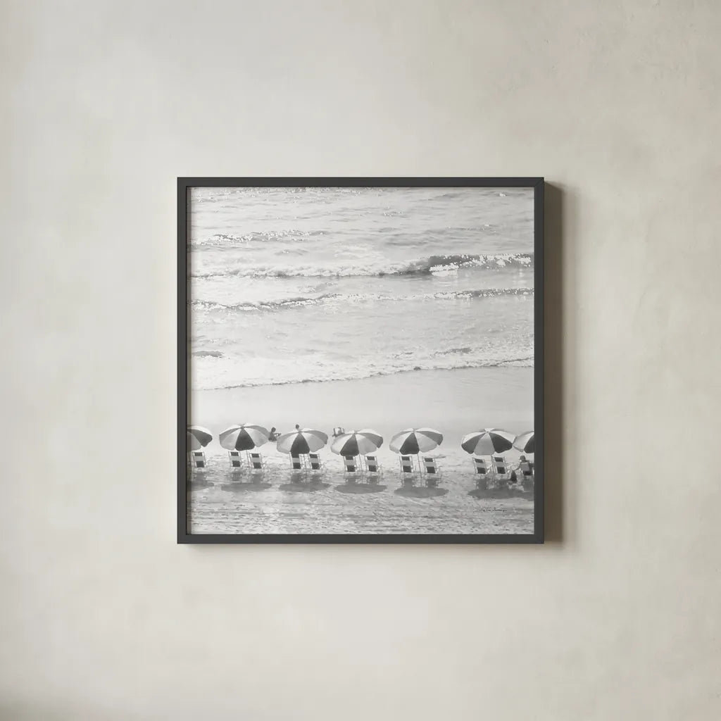 A Day At The Beach BW Crop by Debra Van Swearingen. Shown in a sleek black glass frame for a contemporary gallery look. Available as an archival giclee rolled canvas, fine art paper, or poster print. SKU 77150a.