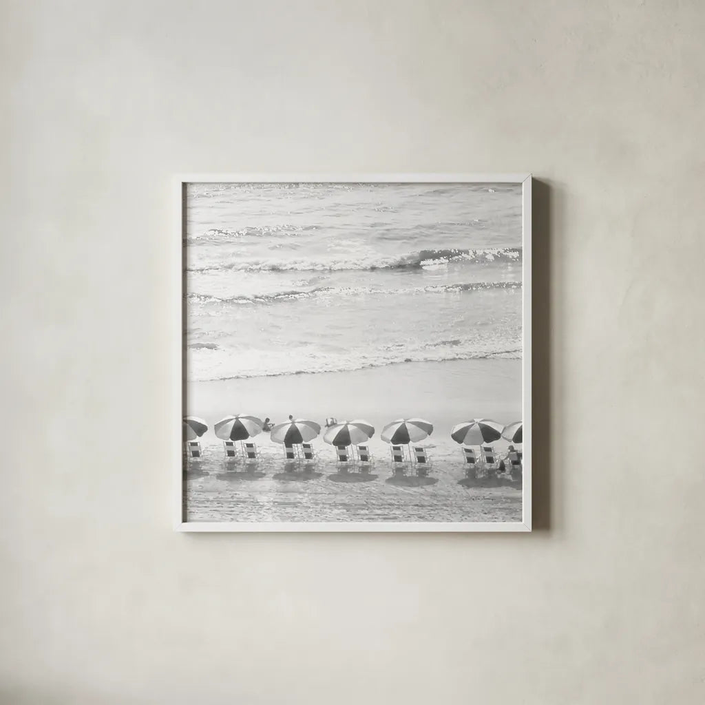 A Day At The Beach BW Crop by Debra Van Swearingen. Shown in a crisp white glass frame for a clean and minimalist style. Available as an archival giclee rolled canvas, fine art paper, or poster print. SKU 77150a.