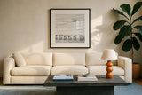 A Day At The Beach BW Crop by Debra Van Swearingen. Displayed in a glass frame with matte in a clean modern living room. Available as an archival giclee rolled canvas, fine art paper, or poster print. SKU 77150a.
