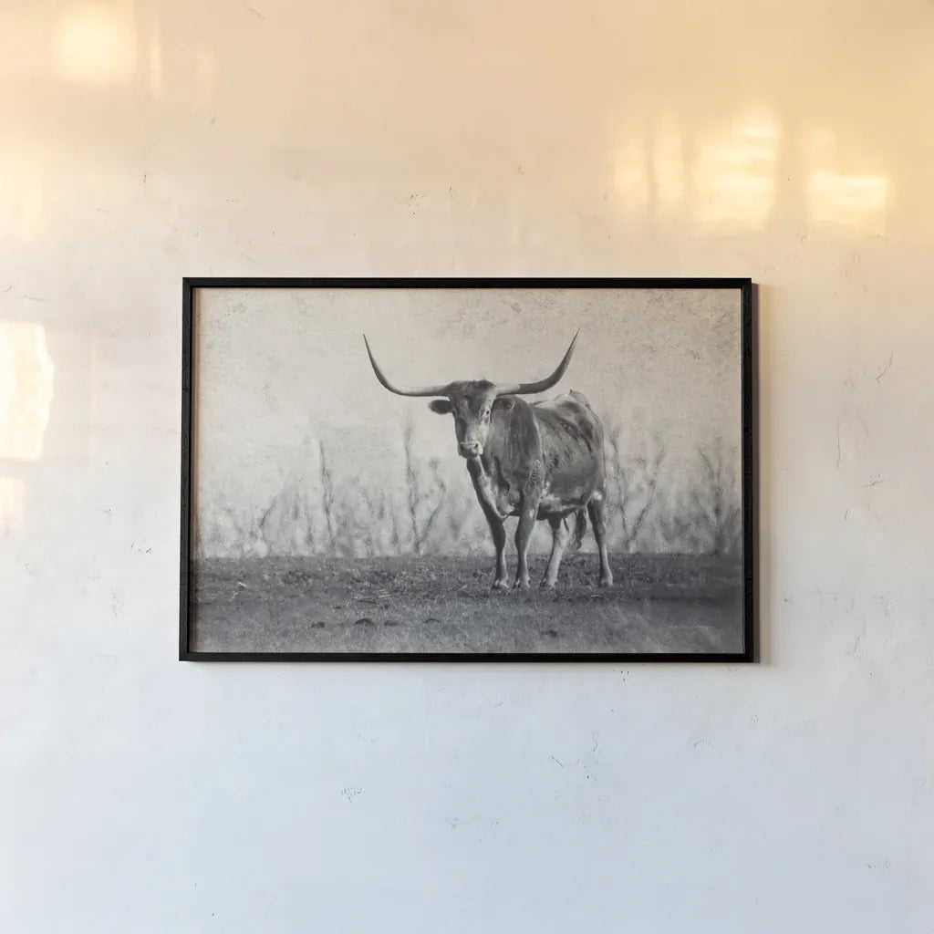 A Texas Longhorn by Debra Van Swearingen. shown as a paper print in a black flame. Available as a archival giclee rolled canvas, fine art paper, or poster print. SKU 81058i.