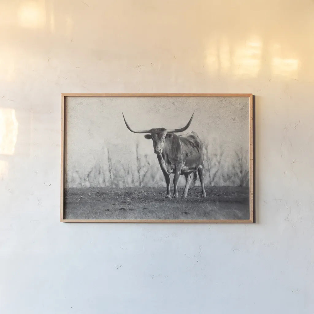 A Texas Longhorn by Debra Van Swearingen. shown as a paper print in a natural frame. Available as a archival giclee rolled canvas, fine art paper, or poster print. SKU 81058i.