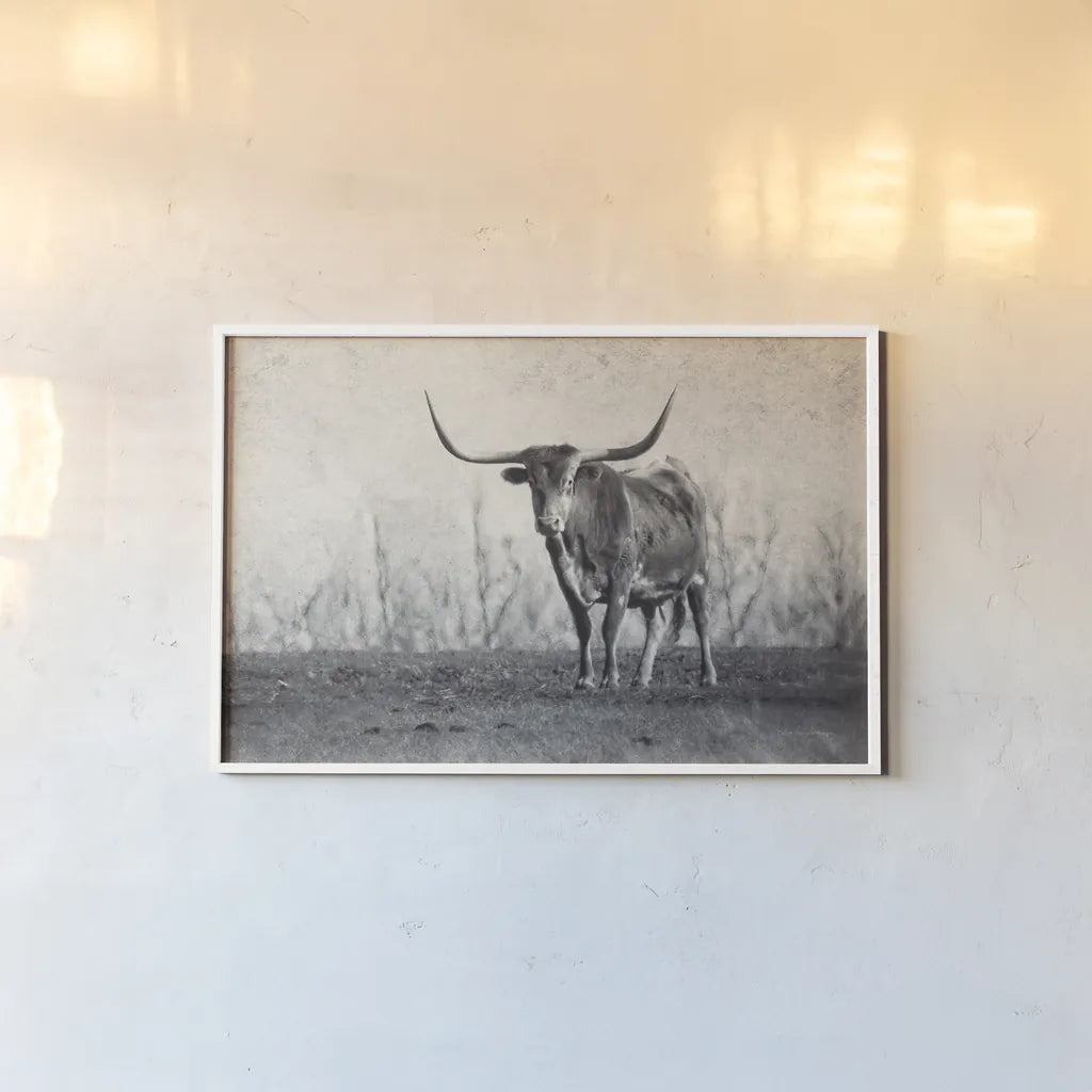 A Texas Longhorn by Debra Van Swearingen. shown as a paper print in a white frame. Available as a archival giclee rolled canvas, fine art paper, or poster print. SKU 81058i.