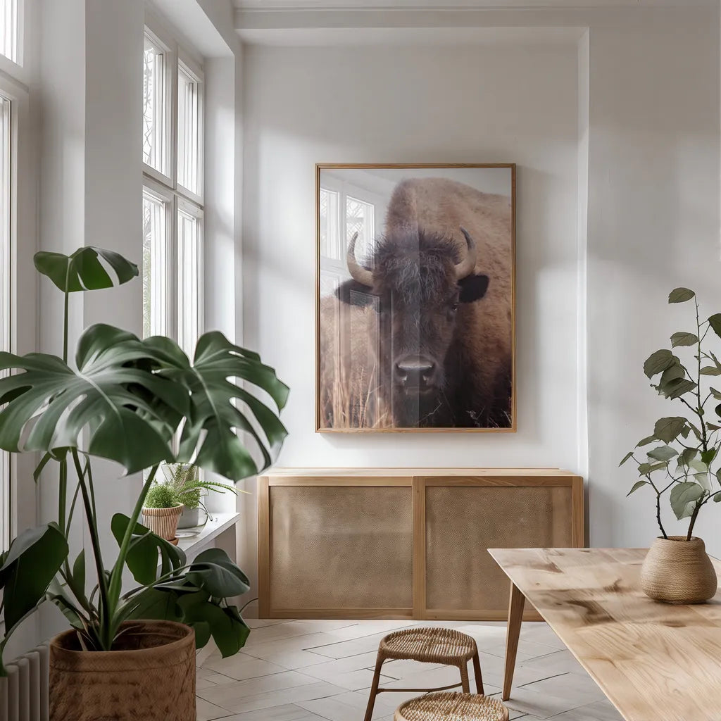 American Bison IV by Debra Van Swearingen. shown as a print in a natural wood frame in a dining room. Available as a archival giclee rolled canvas, fine art paper, or poster print. SKU 71673h.