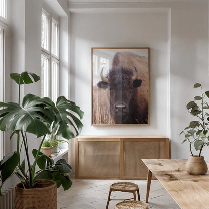American Bison IV by Debra Van Swearingen. shown as a print in a natural wood frame in a dining room. Available as a archival giclee rolled canvas, fine art paper, or poster print. SKU 71673h.