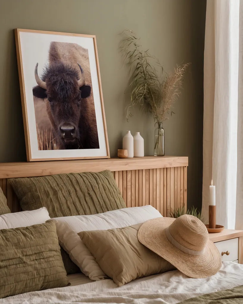 American Bison IV by Debra Van Swearingen. shown as a paper print in a natural frame. Available as a archival giclee rolled canvas, fine art paper, or poster print. SKU 71673h.