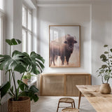 American Bison V by Debra Van Swearingen. shown as a print in a natural wood frame in a dining room. Available as a archival giclee rolled canvas, fine art paper, or poster print. SKU 71674h.