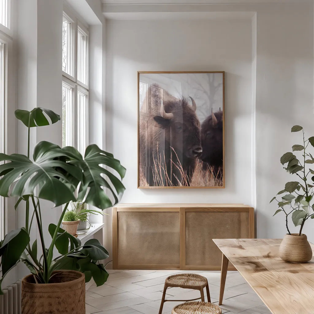 American Bison VI by Debra Van Swearingen. shown as a print in a natural wood frame in a dining room. Available as a archival giclee rolled canvas, fine art paper, or poster print. SKU 71675h.