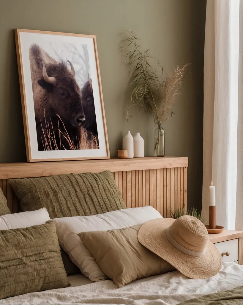 American Bison VI by Debra Van Swearingen. shown as a paper print in a natural frame. Available as a archival giclee rolled canvas, fine art paper, or poster print. SKU 71675h.