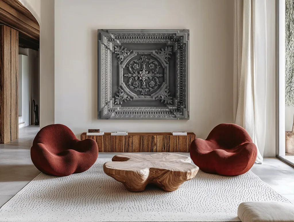 Architectural Design I by Debra Van Swearingen. Shown as extra-large giant wall art in a modern living room. Available as an archival giclee rolled canvas, fine art paper, or poster print. SKU 81253a.