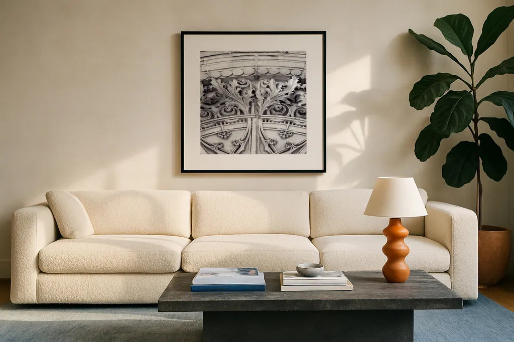 Architectural Design II by Debra Van Swearingen. Displayed in a glass frame with matte in a clean modern living room. Available as an archival giclee rolled canvas, fine art paper, or poster print. SKU 81254a.