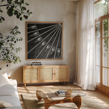 Architectural Design III by Debra Van Swearingen. Shown in a natural wood frame in a cozy modern living room. Available as an archival giclee rolled canvas, fine art paper, or poster print. SKU 81255a.