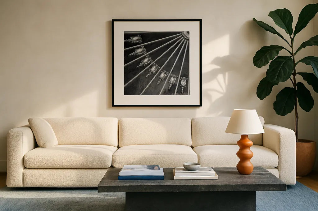 Architectural Design III by Debra Van Swearingen. Displayed in a glass frame with matte in a clean modern living room. Available as an archival giclee rolled canvas, fine art paper, or poster print. SKU 81255a.
