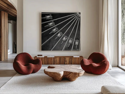 Architectural Design III by Debra Van Swearingen. Shown as extra-large giant wall art in a modern living room. Available as an archival giclee rolled canvas, fine art paper, or poster print. SKU 81255a.