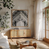 Architectural Design IV by Debra Van Swearingen. Shown in a natural wood frame in a cozy modern living room. Available as an archival giclee rolled canvas, fine art paper, or poster print. SKU 81256a.