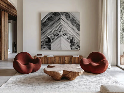 Architectural Design IV by Debra Van Swearingen. Shown as extra-large giant wall art in a modern living room. Available as an archival giclee rolled canvas, fine art paper, or poster print. SKU 81256a.
