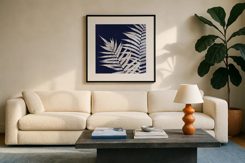 Aspire Blueprint Crop by Debra Van Swearingen. Displayed in a glass frame with matte in a clean modern living room. Available as an archival giclee rolled canvas, fine art paper, or poster print. SKU 18376a.