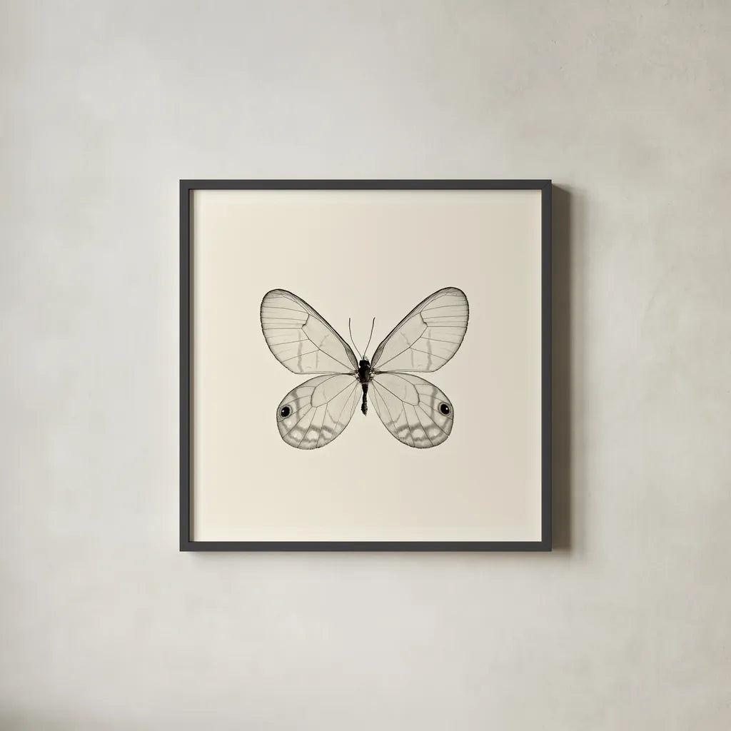 Butterfly I BW by Debra Van Swearingen. Shown in a sleek black glass frame for a contemporary gallery look. Available as an archival giclee rolled canvas, fine art paper, or poster print. SKU 25722a.