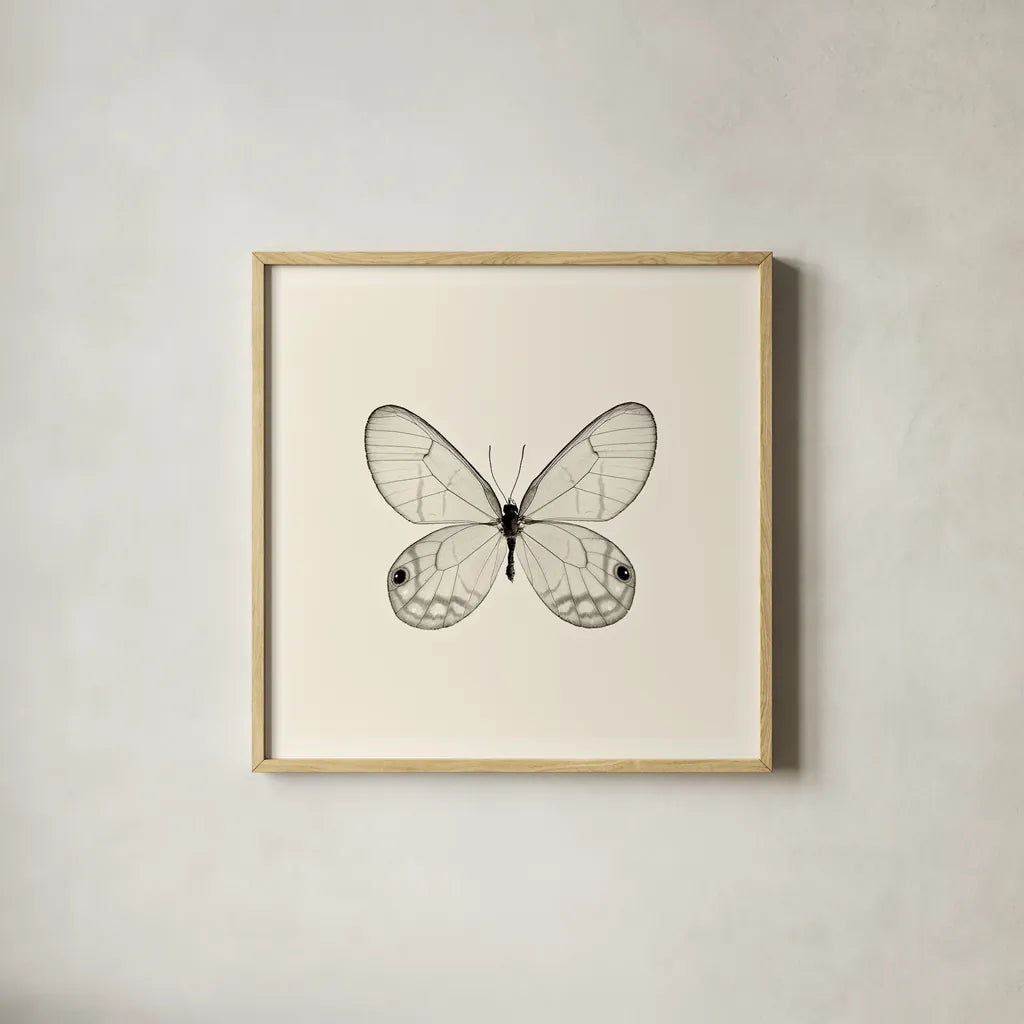 Butterfly I BW by Debra Van Swearingen. Shown in a natural wood glass frame for a timeless modern aesthetic. Available as an archival giclee rolled canvas, fine art paper, or poster print. SKU 25722a.
