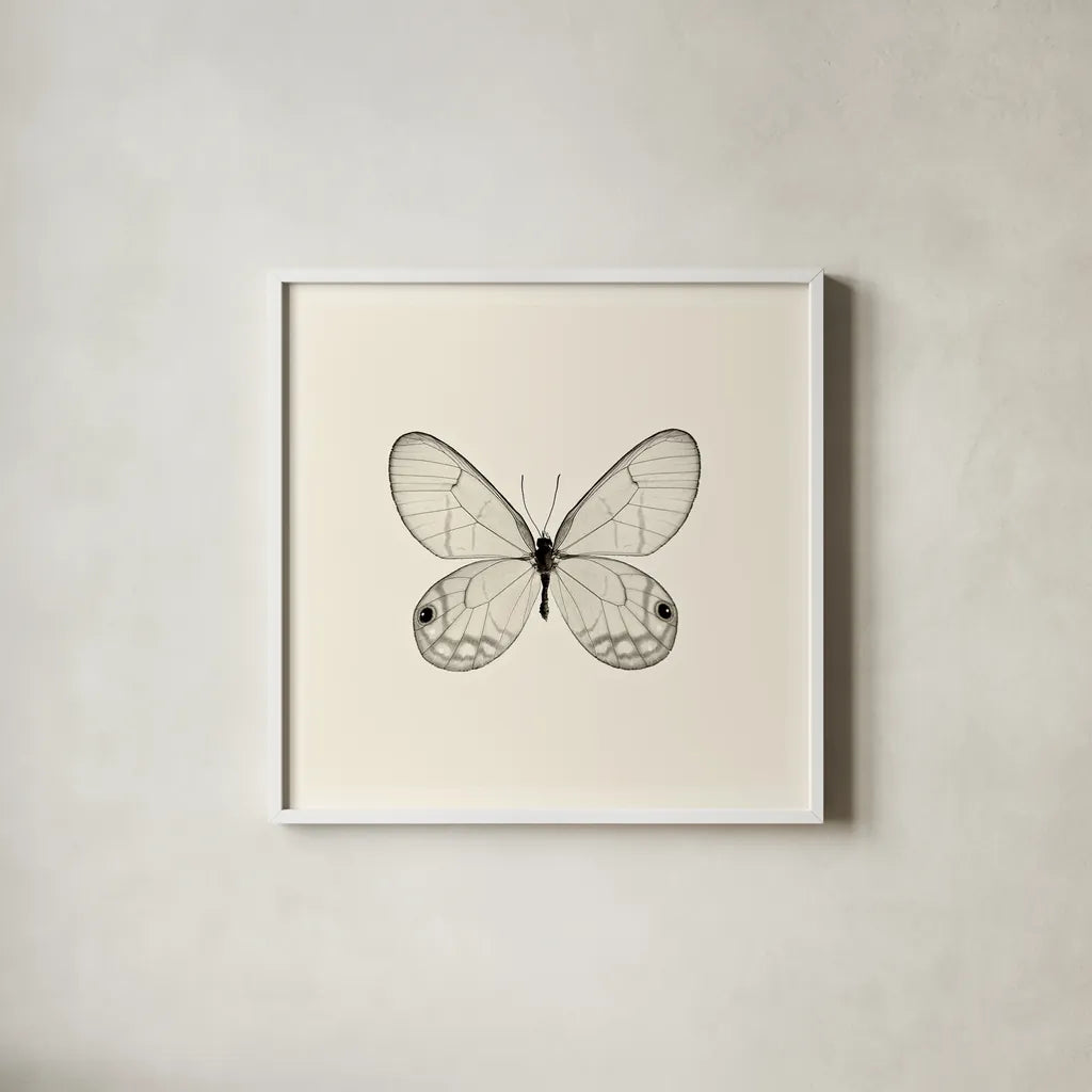 Butterfly I BW by Debra Van Swearingen. Shown in a crisp white glass frame for a clean and minimalist style. Available as an archival giclee rolled canvas, fine art paper, or poster print. SKU 25722a.