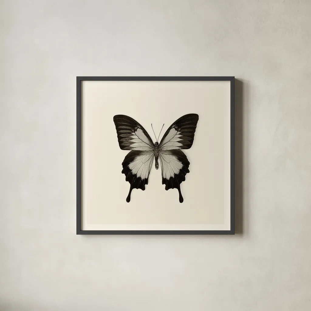 Butterfly III BW by Debra Van Swearingen. Shown in a sleek black glass frame for a contemporary gallery look. Available as an archival giclee rolled canvas, fine art paper, or poster print. SKU 25724a.