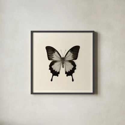 Butterfly III BW by Debra Van Swearingen. Shown in a sleek black glass frame for a contemporary gallery look. Available as an archival giclee rolled canvas, fine art paper, or poster print. SKU 25724a.