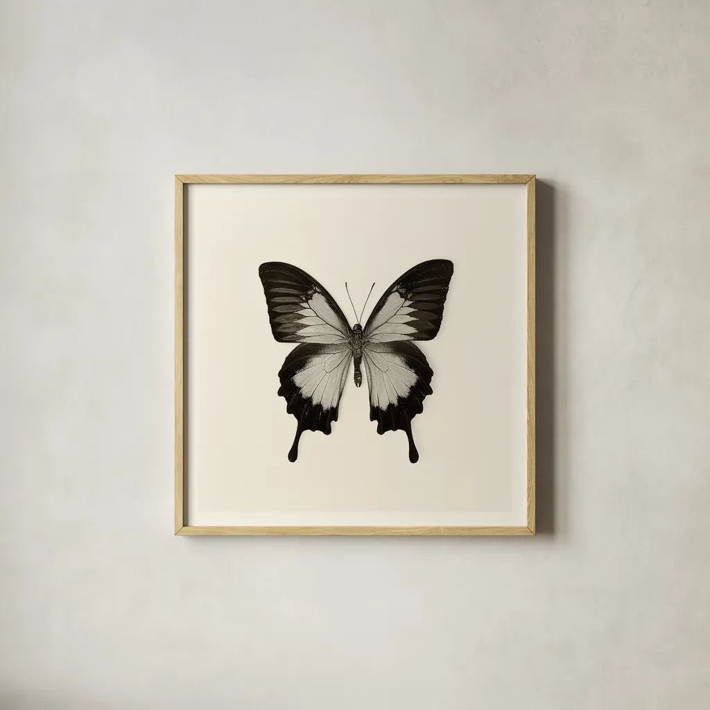 Butterfly III BW by Debra Van Swearingen. Shown in a natural wood glass frame for a timeless modern aesthetic. Available as an archival giclee rolled canvas, fine art paper, or poster print. SKU 25724a.