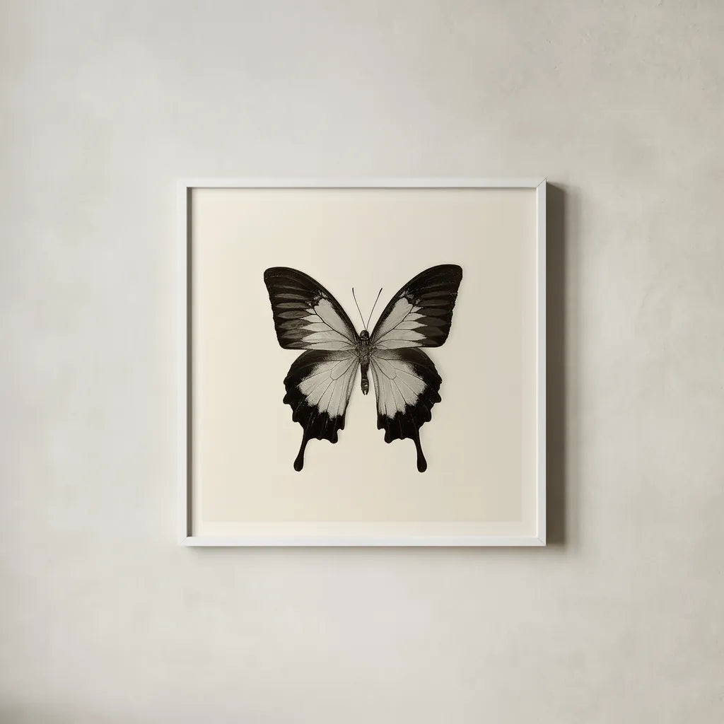Butterfly III BW by Debra Van Swearingen. Shown in a crisp white glass frame for a clean and minimalist style. Available as an archival giclee rolled canvas, fine art paper, or poster print. SKU 25724a.
