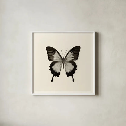 Butterfly III BW by Debra Van Swearingen. Shown in a crisp white glass frame for a clean and minimalist style. Available as an archival giclee rolled canvas, fine art paper, or poster print. SKU 25724a.