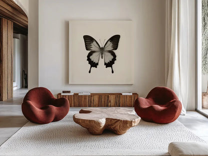 Butterfly III BW by Debra Van Swearingen. Shown as extra-large giant wall art in a modern living room. Available as an archival giclee rolled canvas, fine art paper, or poster print. SKU 25724a.