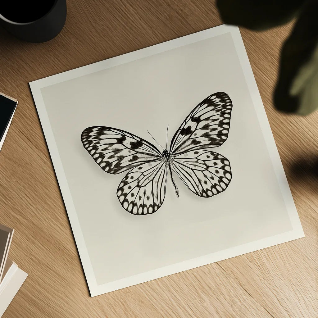 Butterfly V BW by Debra Van Swearingen. Shown as a detailed flat fine art print, highlighting archival giclee quality. Available as an archival giclee rolled canvas, fine art paper, or poster print. SKU 25726a.