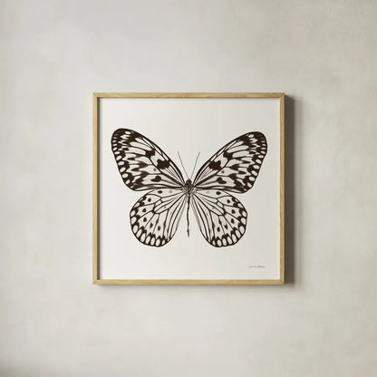 Butterfly V BW on White by Debra Van Swearingen. Shown in a natural wood glass frame for a timeless modern aesthetic. Available as an archival giclee rolled canvas, fine art paper, or poster print. SKU 92206a.