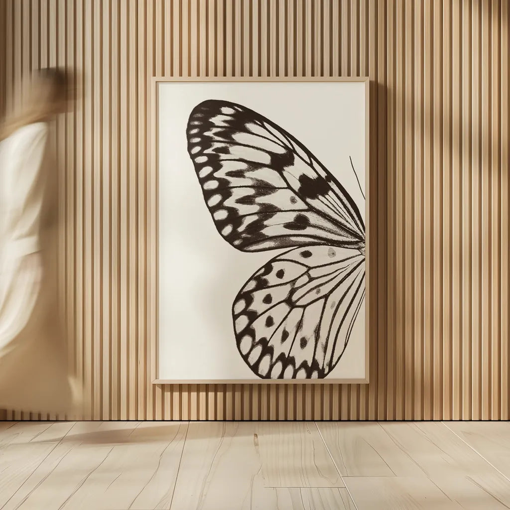 Butterfly V BW on White Crop I by Debra Van Swearingen. shown as over sized large wall art. Available as an archival giclee rolled canvas, fine art paper, or poster print. SKU 92208h.