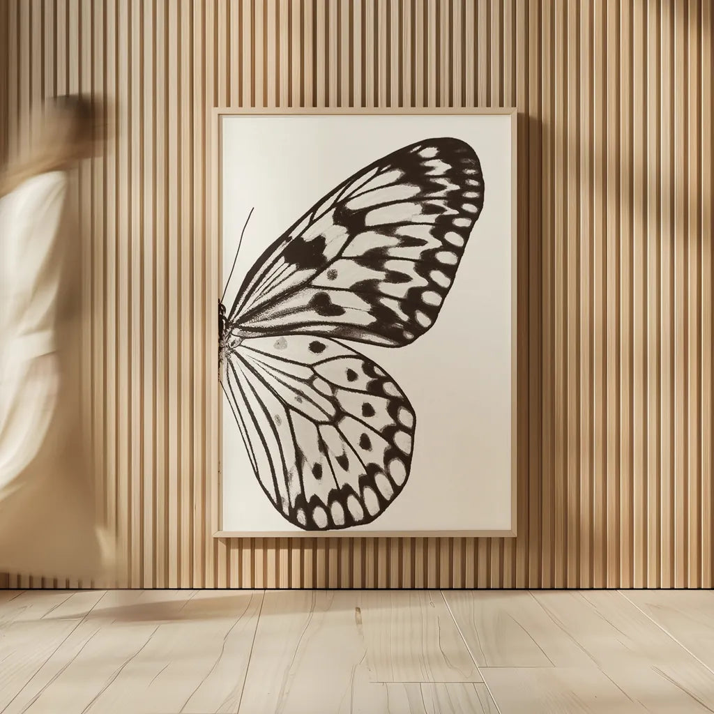 Butterfly V BW on White Crop II by Debra Van Swearingen. shown as over sized large wall art. Available as an archival giclee rolled canvas, fine art paper, or poster print. SKU 92209h.