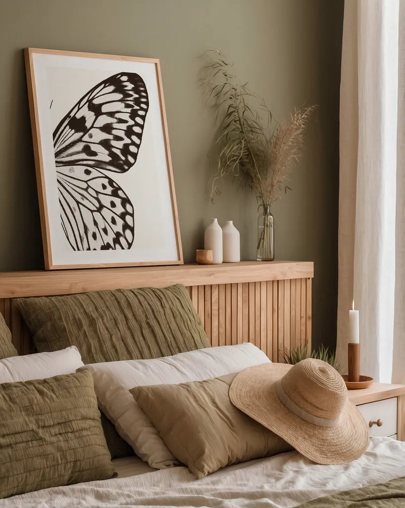 Butterfly V BW on White Crop II by Debra Van Swearingen. shown as a paper print in a natural frame. Available as a archival giclee rolled canvas, fine art paper, or poster print. SKU 92209h.